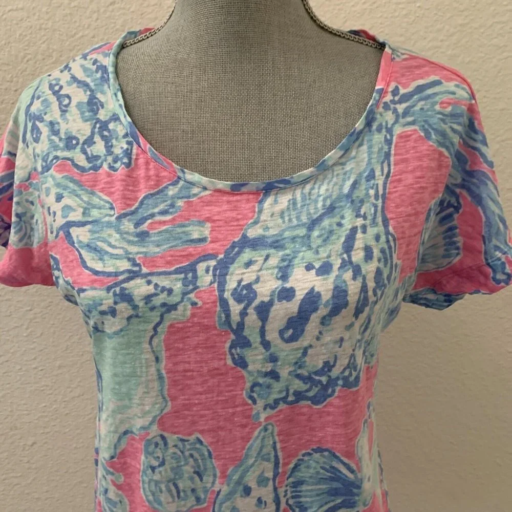 Lilly Pulitzer Mikela Top Pink Pout Barefoot Princess Blue SHELLS 100% Linen XS